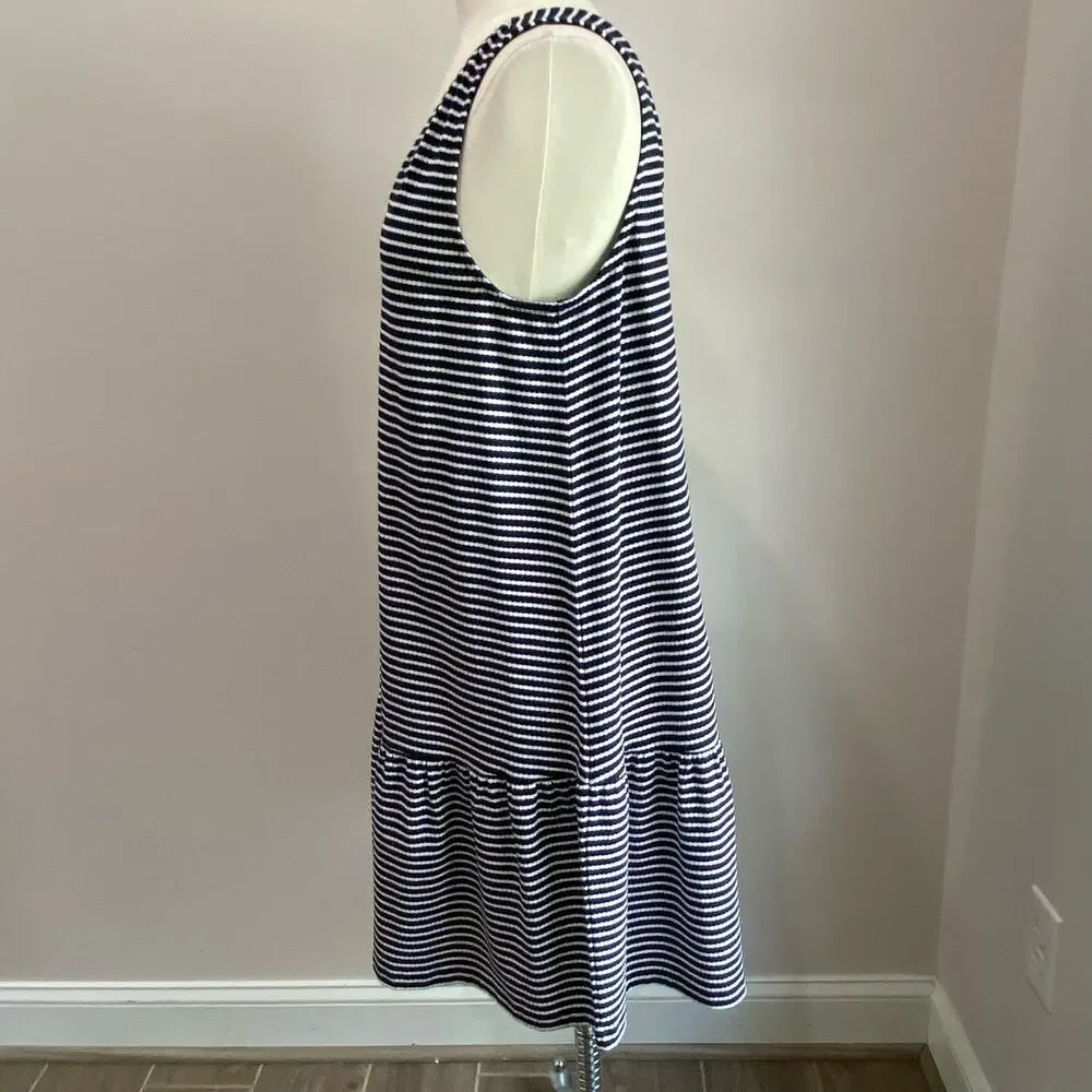 Loft Stripes Navy Blue & White Lightweight Double V Flounce Dress Sz Large - Picture 5 of 13